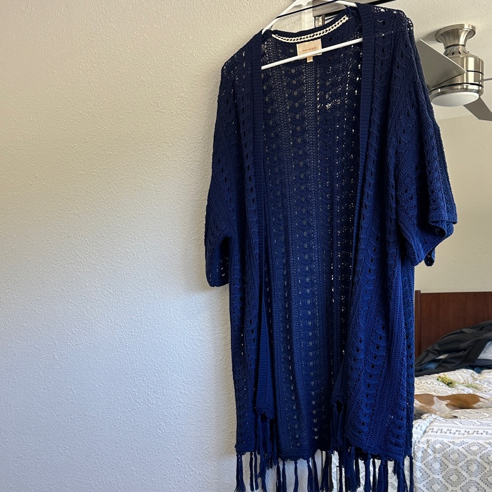 Skies Are Blue Indigo Knit Cardigan with Fringe